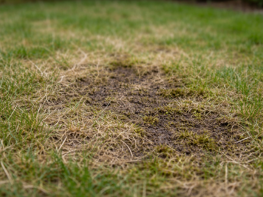 Close-up van een kale, verdorde gazonplek met mos en dun gras in een tuin.
