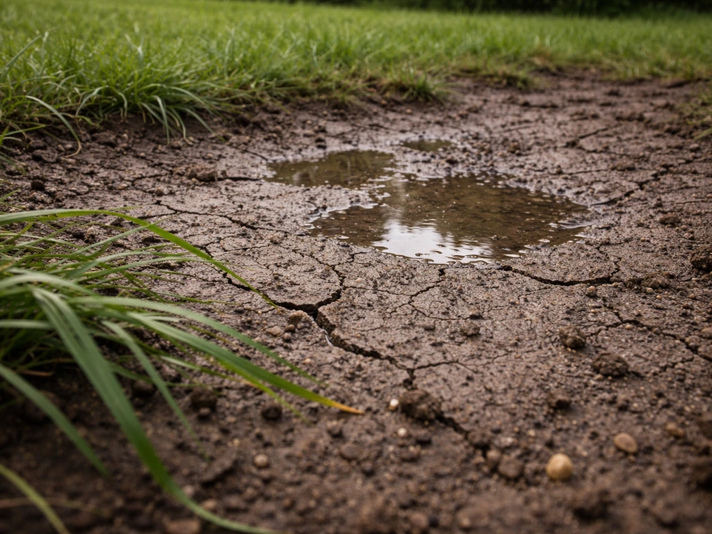 Close-up van harde, verdichte tuinbodem met natte plassen naast gazon na regen.