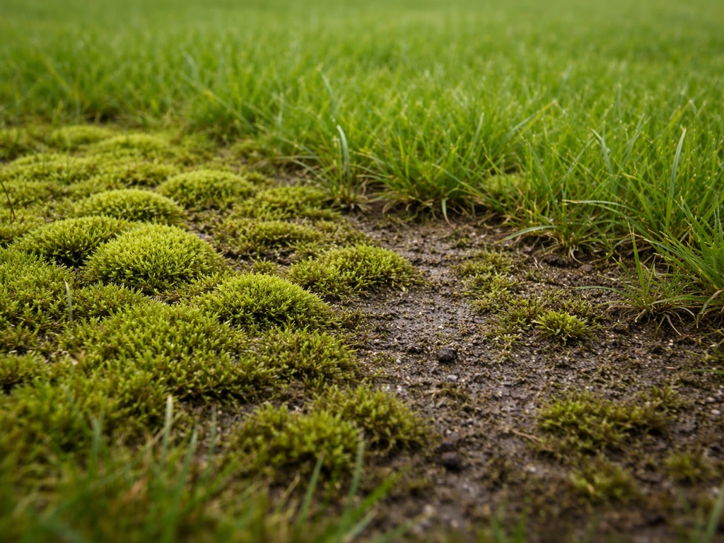 Mos op het gazon met overgang naar gezond gras, met nadruk op vocht en structuur