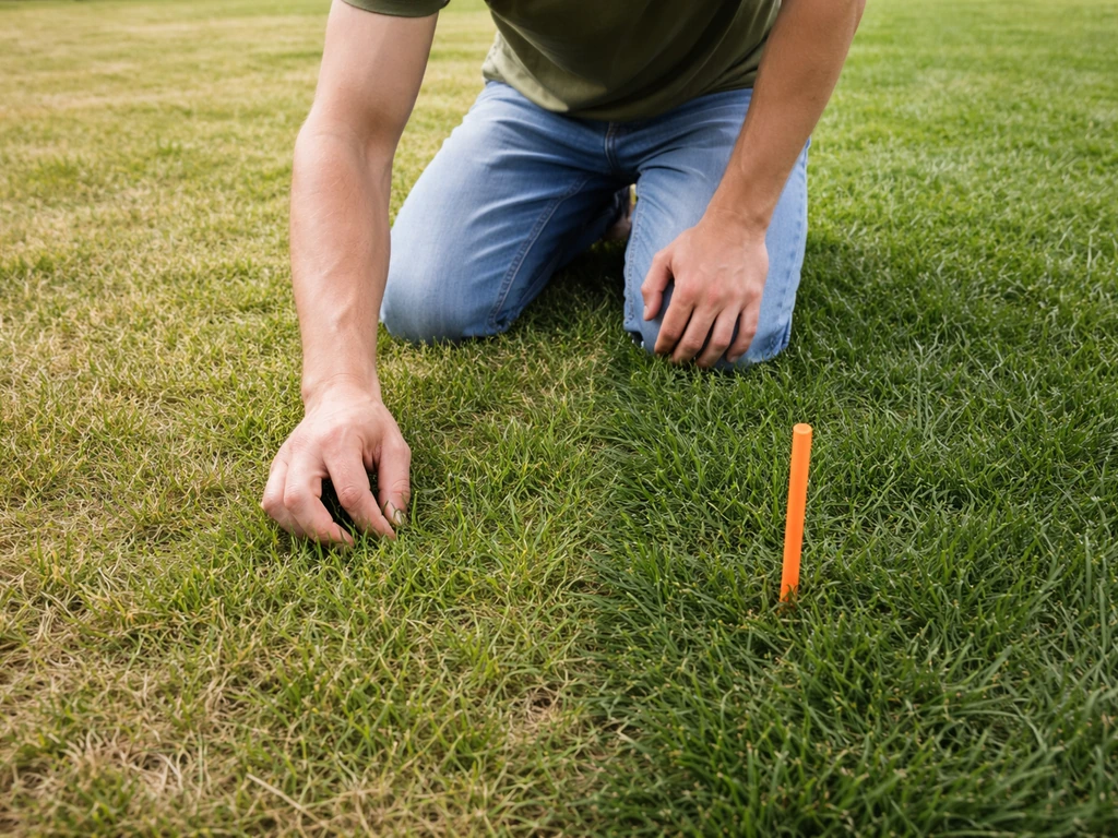 Persoon op knieën in gras met handcheck, geelachtig versus donkergroen stug gras en markeerstaafje op de grond.
