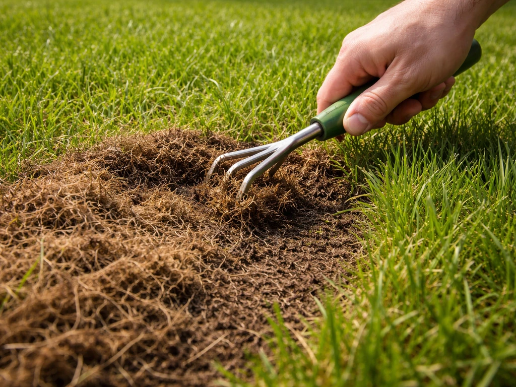 Close-up van een viltlaag in het gazon die wordt weggekrabd, met gras en aarde zichtbaar.