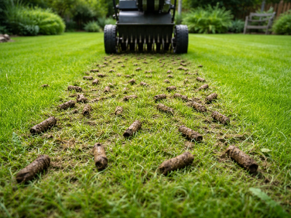 Gazon dat net belucht is: beluchtingsgaten met zichtbare grondpluggen en opengewoelde graspol.