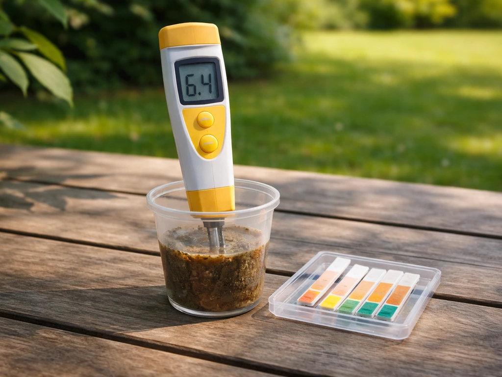 Close-up van een pH-meter en teststripjes met een grondmonsterwater voor bodem-pH meten