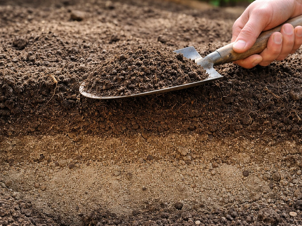 Hand met schep vol aarde met zichtbare bodemstructuur en organische stof, alsof je 20–30 cm grond checkt.