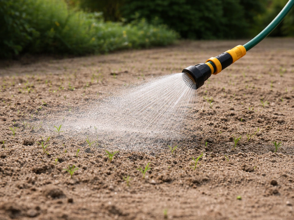Tuinslang met fijne sproeinevel op ingezaaid zandperceel, regelmatige watergift op ooghoogte.