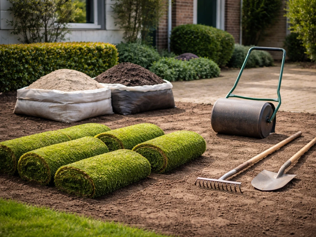 Graszoden en gereedschap liggen klaar met wals, hark en schep in een rustige tuinomgeving.