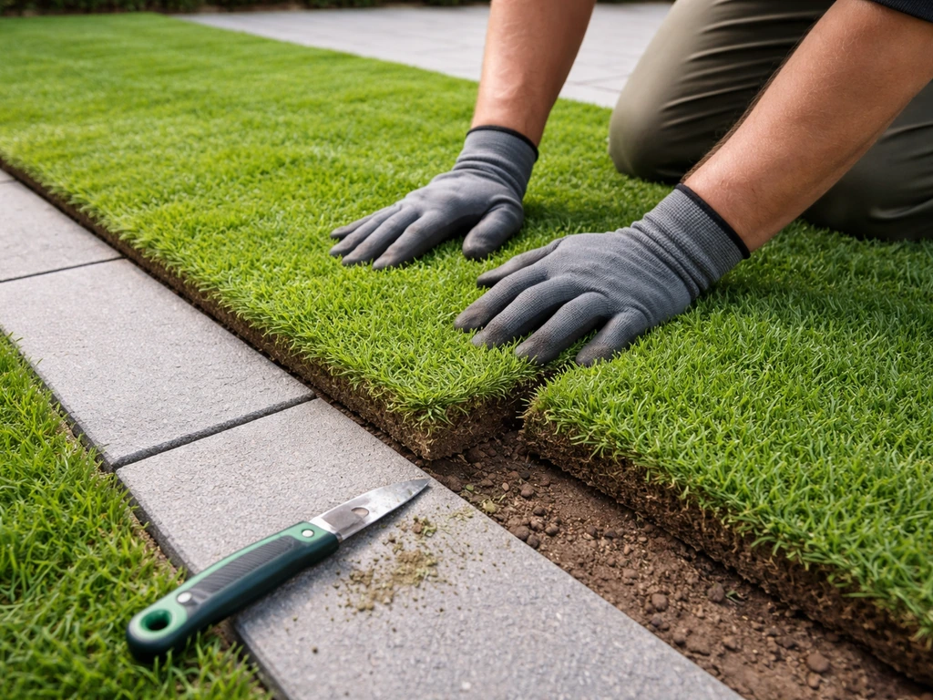 Tuinwerker die graszoden in baanpatroon strak langs een rechte rand legt, met detail van snijwerk bij hoek