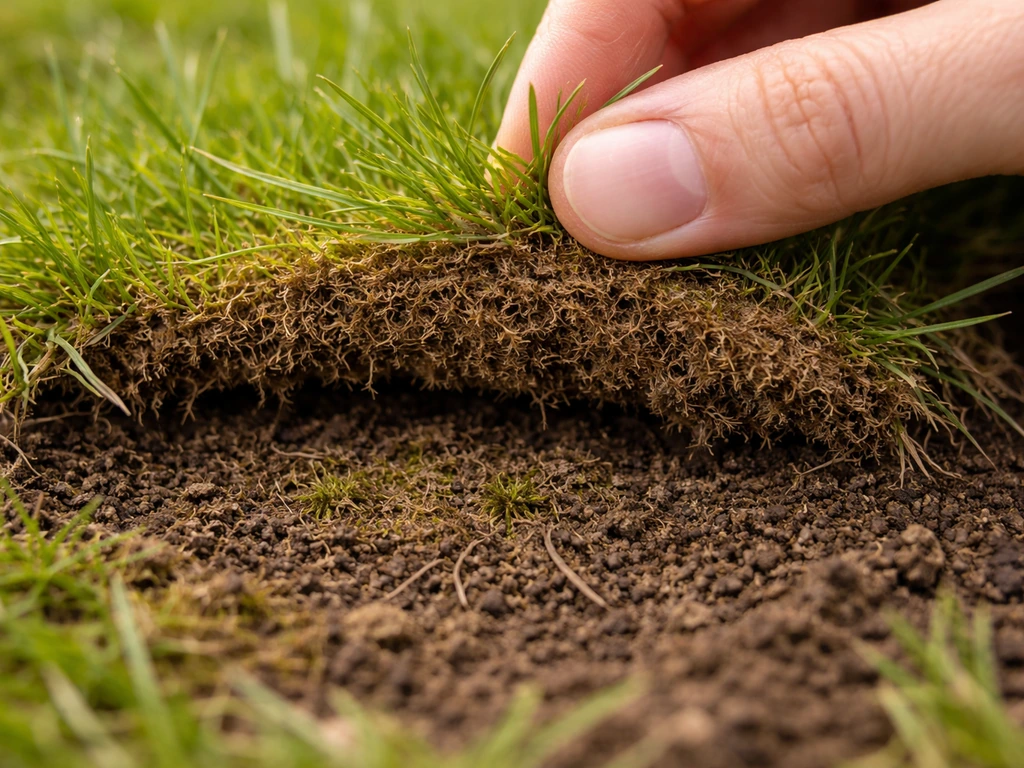 Hand tilt een grasspriet op en laat een mogelijke viltlaag en mos tussen gras en bodem zien