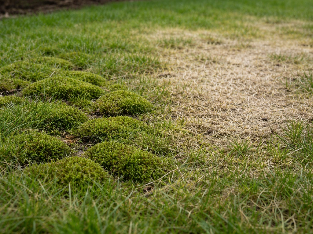 Tuinpad en gazon met mosplekken en een gele/witgrijze verkleurde zone, duidelijke contrasten voor gerichte aanpak