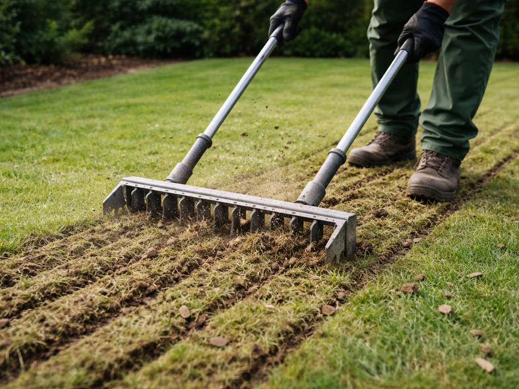 Tuinman belucht of verticuteert een gazon met een werktuig; grasmat met zichtbare snij- en priksporen.