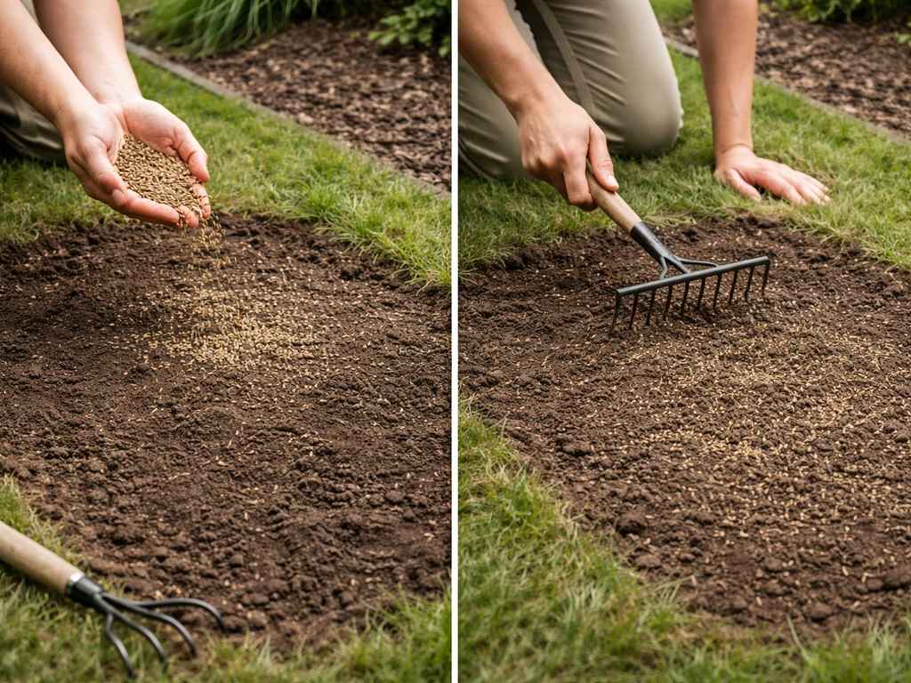 Tuinier in minimalistische tuin: graszaad wordt uitgestrooid op een kale plek en licht ingewerkt.