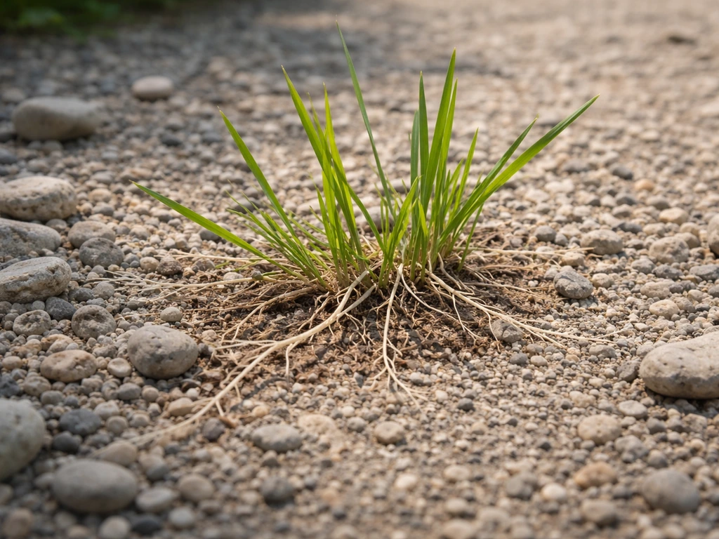 Kweekgras met wortels tussen kiezels en grind die omhoog groeien, close-up tuinpad