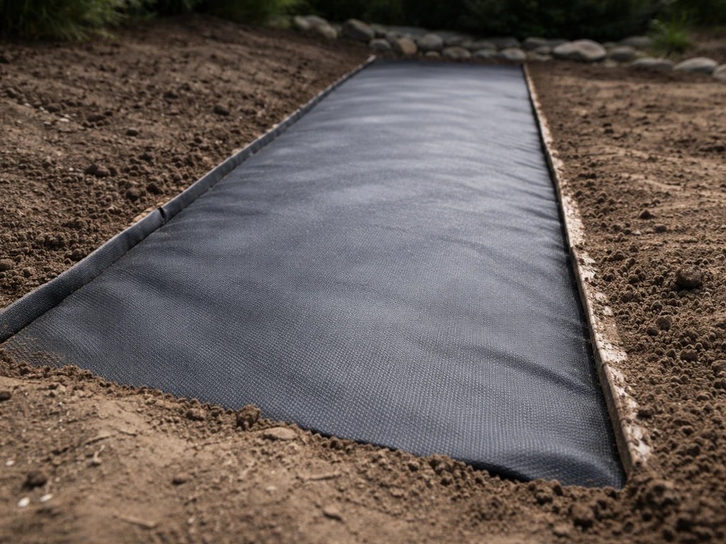 Tuinpad in voorbereiding: worteldoek op de grond strak aangedrukt, randen zichtbaar en grasresten verwijderd.