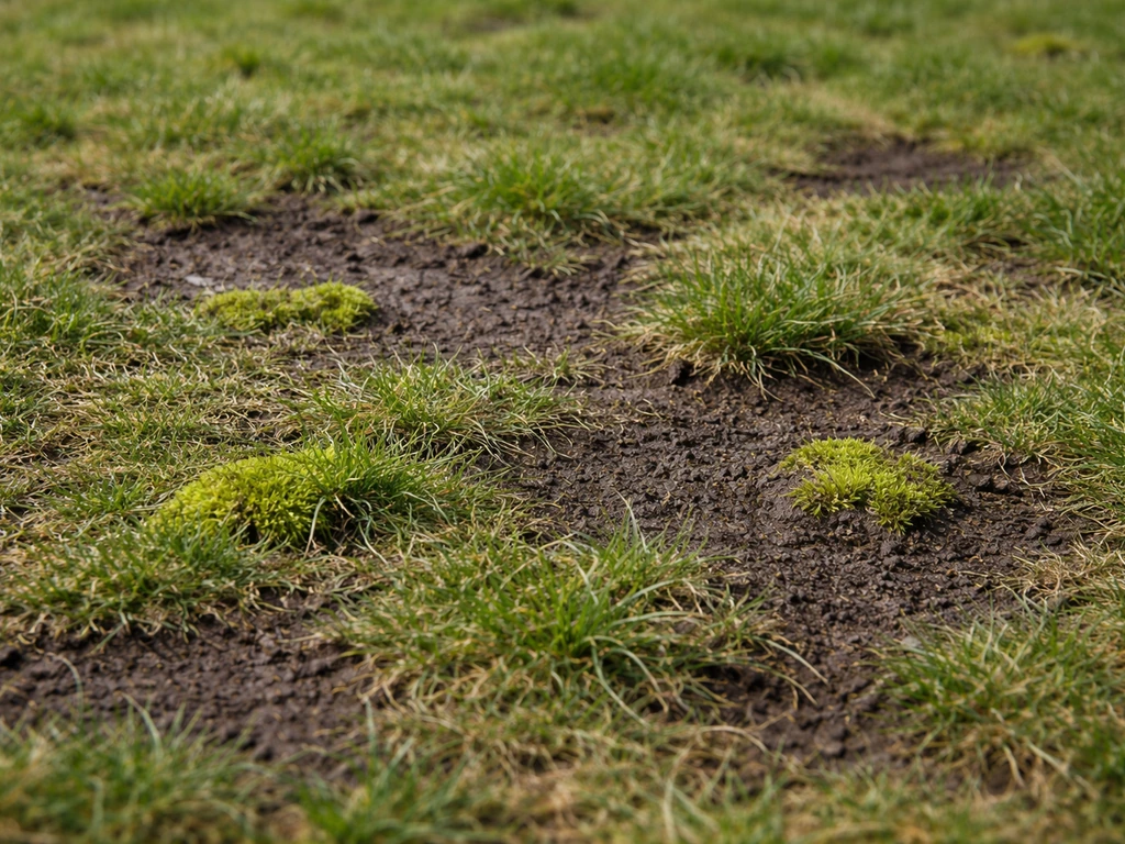 Close-up van een gazon met kale plekken, mos en ongelijk groeiende graspolletjes in natuurlijk daglicht.