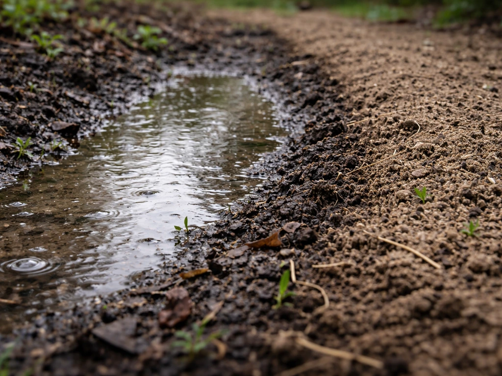 Stilstaand regenwater in een tuinlaagte, met duidelijk drogere grond ernaast.