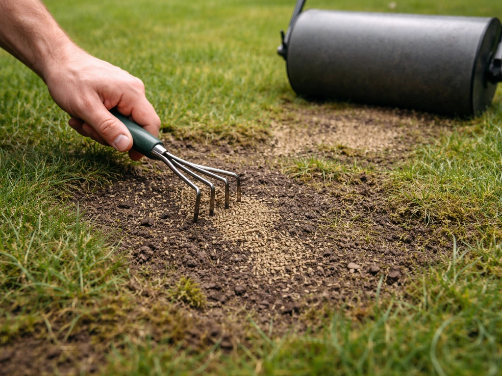 Hand die zaad harkt en aanrolt op kale plekken van een gazon; jonge kiemplantjes komen net op.