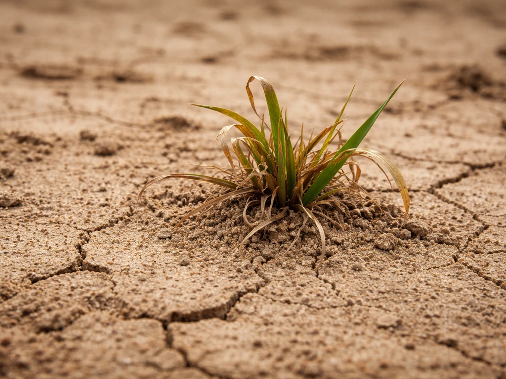 Uitgedroogd zand met opgerolde verdorde grasbladeren en een droge zandkluit zonder vocht