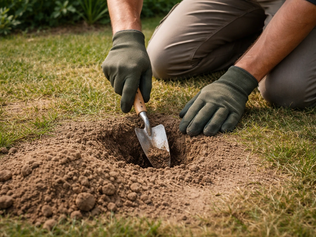Tuinier graaft een klein gaatje (±10 cm) in een gele plek; droog/los vs. compact grondverschil zichtbaar.