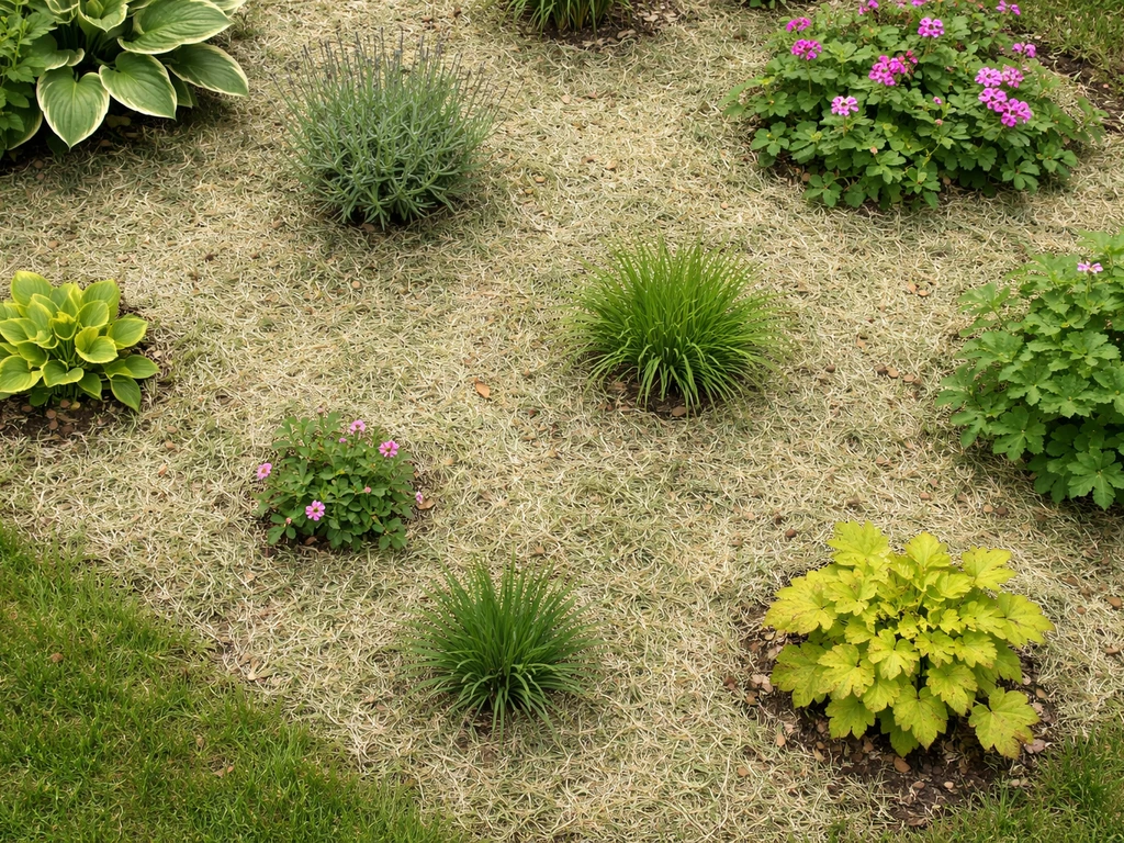 Bovenaanzicht van gazon met luchtig, gelijkmatig gedroogd grasmaaisel als mulch tussen de planten