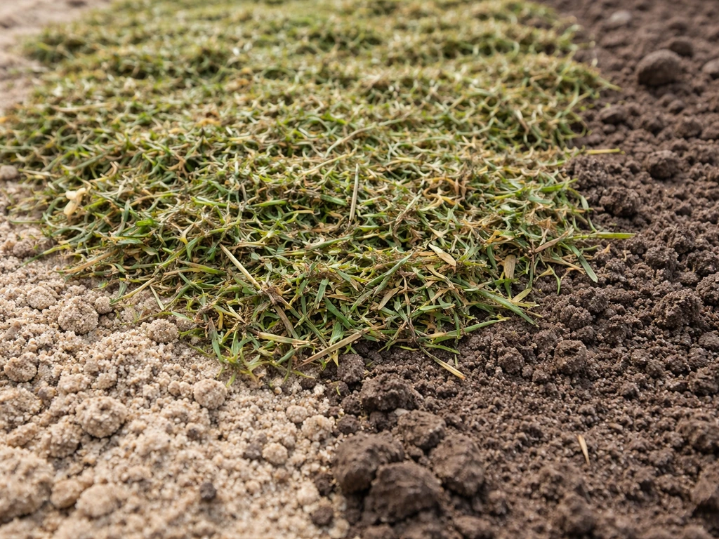 Close-up van grasmaaisel als mulch op zandgrond en daarnaast op zware kleigrond, met natuurlijke texturen.