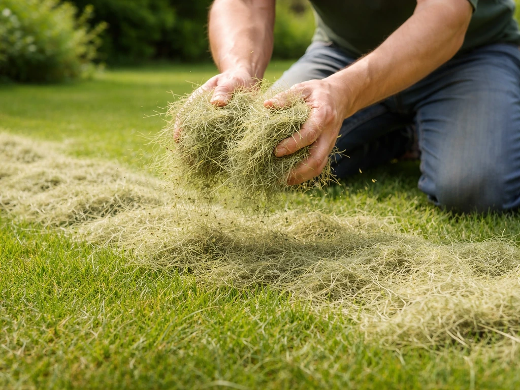 Iemand verdeelt gedroogd gras als mulch over een gazon; luchtige, niet-klonterige laag maaisel zichtbaar.
