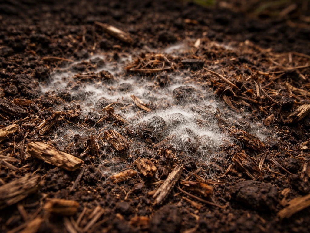 Grauw-witte schimmelachtige waas in een te vochtige mulchlaag met omliggende donkere grond, close-up.