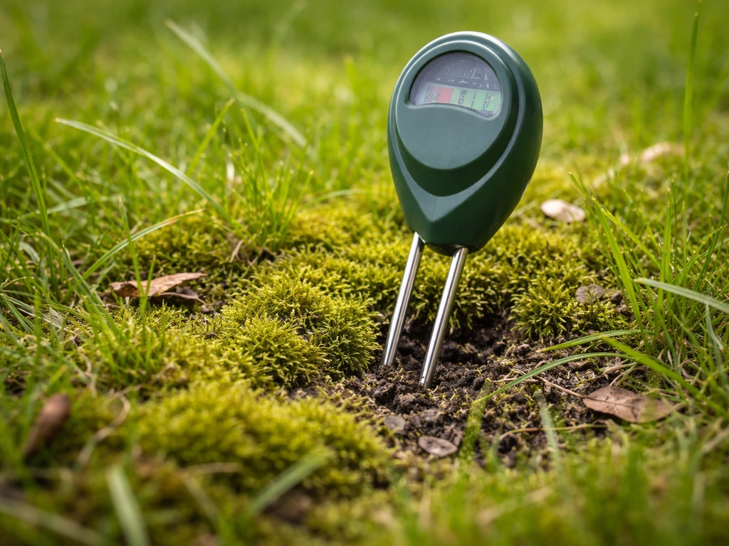 Close-up van mos in een gazon met een pH/bodemtester naast de grond, met natuurlijke tuingrond en bladeren op de achterg