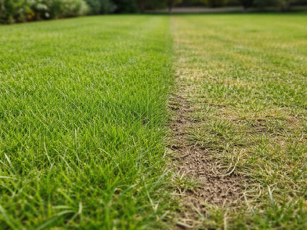 Gazonstrook met links gras op 4–5 cm en rechts duidelijk te kort gemaaid gras (gestrest ogend).