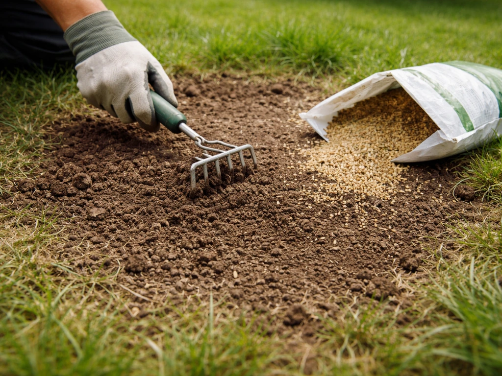 Cale plek in het gazon waar graszaad op de losgemaakte toplaag wordt doorgezaaid, met een harkje en zaad.