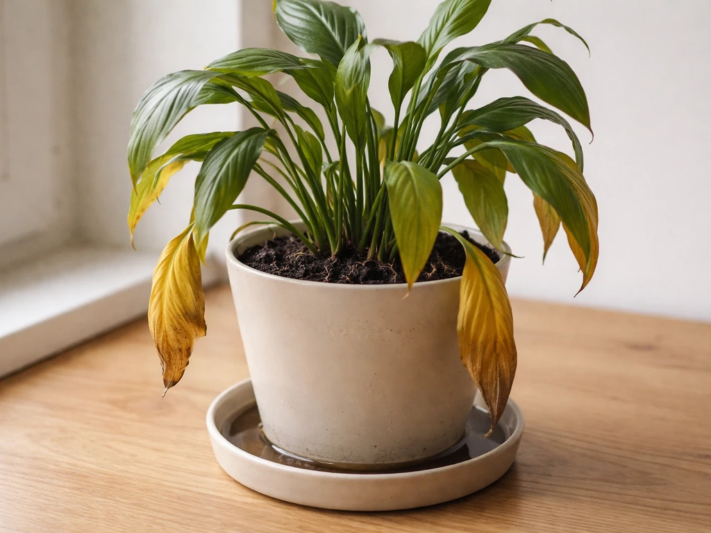 Kamerplant met gele bladeren in natte grond, met volle water-schotel eronder.