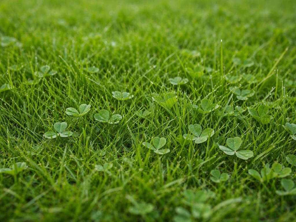 Detail van dicht gazon met lage microklaverblaadjes tussen het gras, fris groen in natuurlijk licht.