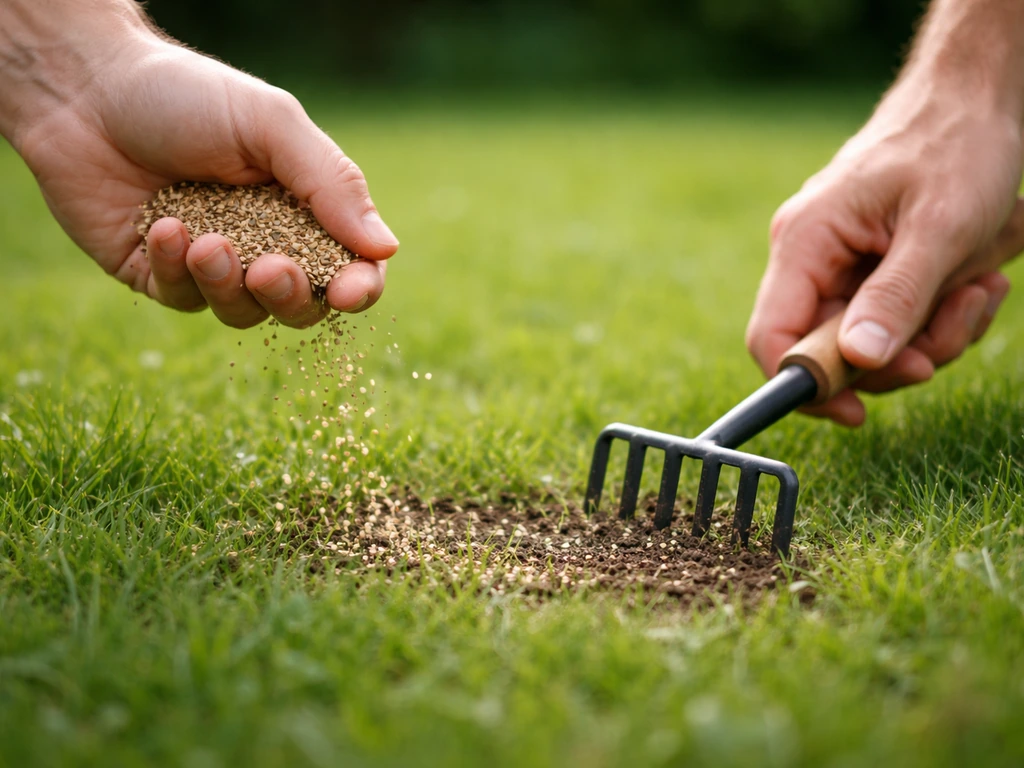 Handen strooien graszaad en microklaver over een gazon terwijl een harkje de zaadjes licht inwerkt.
