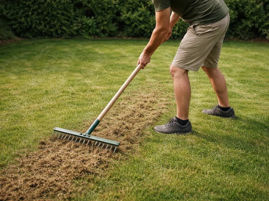 Tuinier bij een gazon die met verticuteerhark/viltkam de viltlaag verwijdert op een eenvoudige grasmat