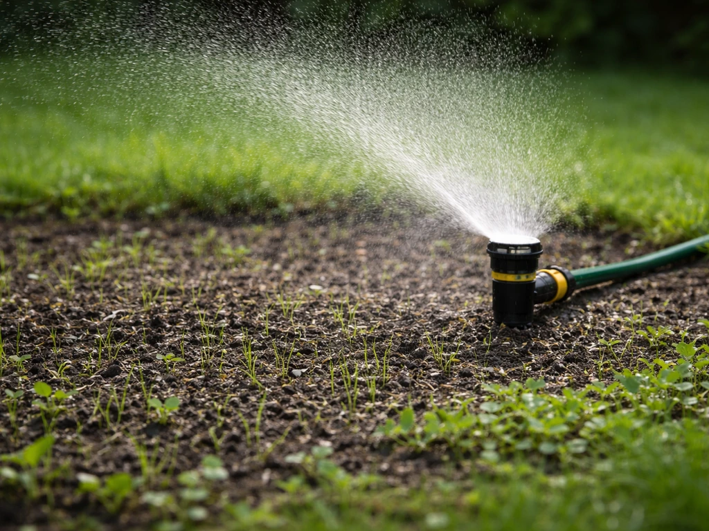 Fijne nevel van een tuinsproeier boven vers ingezaaid gras met microklaver, grond licht vochtig