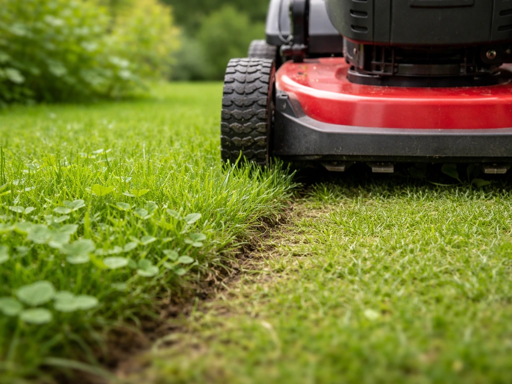 Close-up van maaien met een maaier op lage snijhoogte, met jonge gras- en microklaverbladjes op de achtergrond.