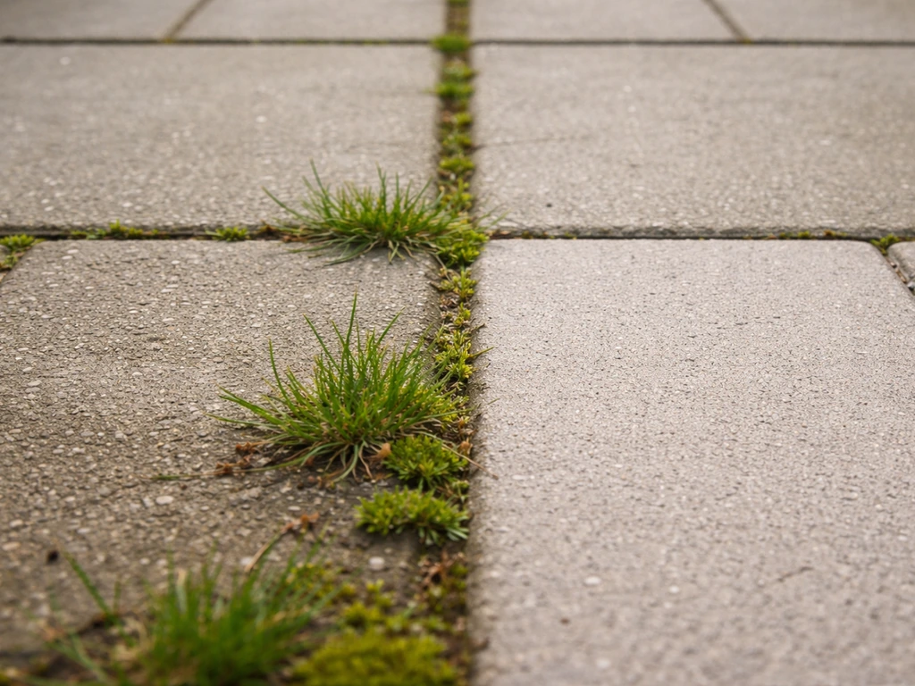 Terras met tegels vol gras en mos, met daarnaast net gereinigde voegstroken als duidelijk contrast.
