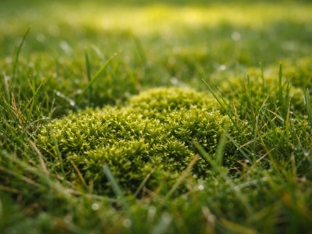 Close-up van mos tussen het gras in een gazon met lichtgele/grijze plekken als mogelijke bodemverzuring