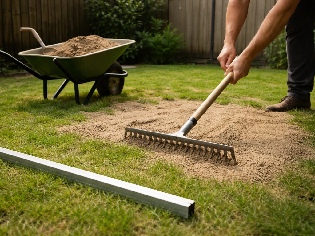 Handen en hark die zand/topdressing egaal over het gazon uitvlakken, met kruiwagen en metalen lat ernaast.