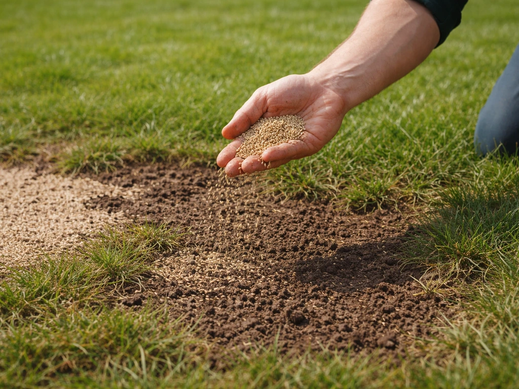 Hand strooit graszaad over een kale, egaal gemaakte gazonstrook; een lichte laag aarde als topdressing.