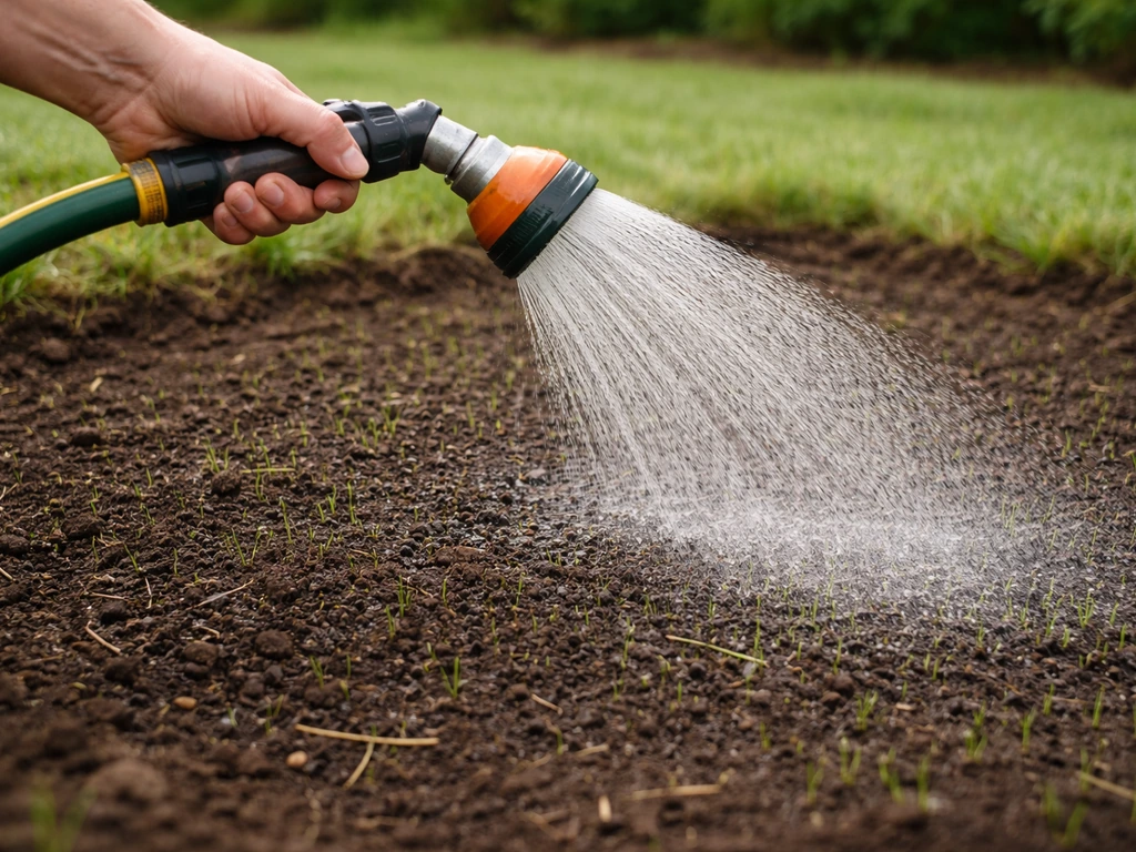 Hand bedient een tuinslang met sproeikop die gelijkmatig water geeft aan ingezaaide graszaden
