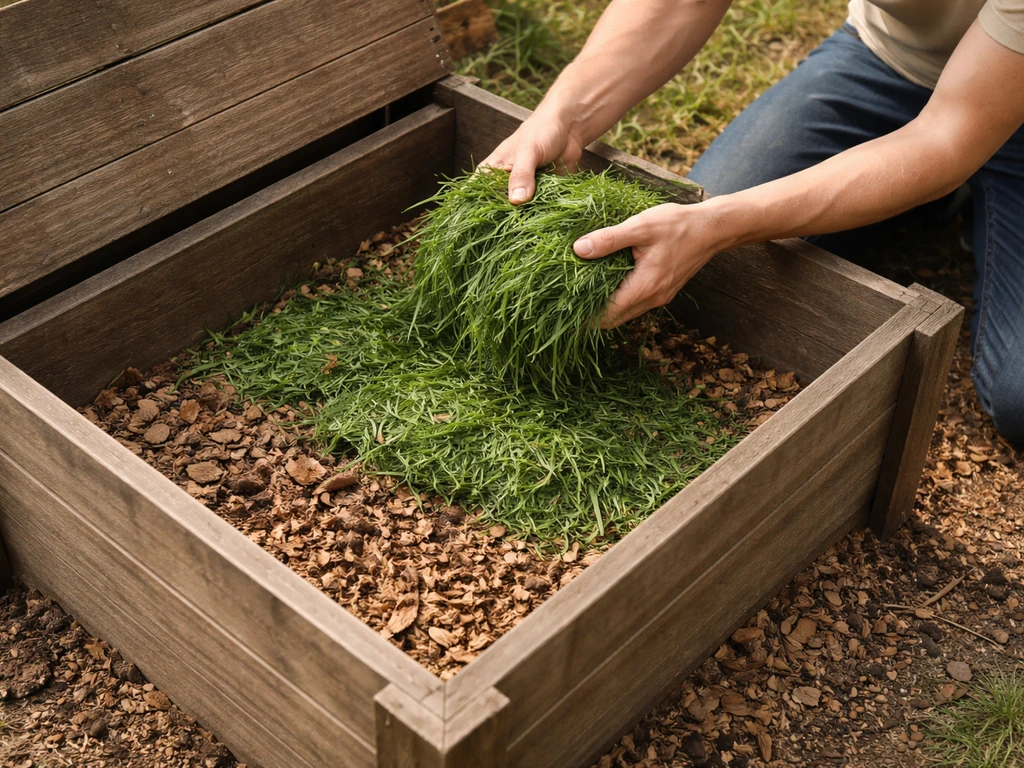 Anonieme tuinier die grascompost opbouwt door vers maaisel met droog blad en houtsnippers te mengen in een compostbak.