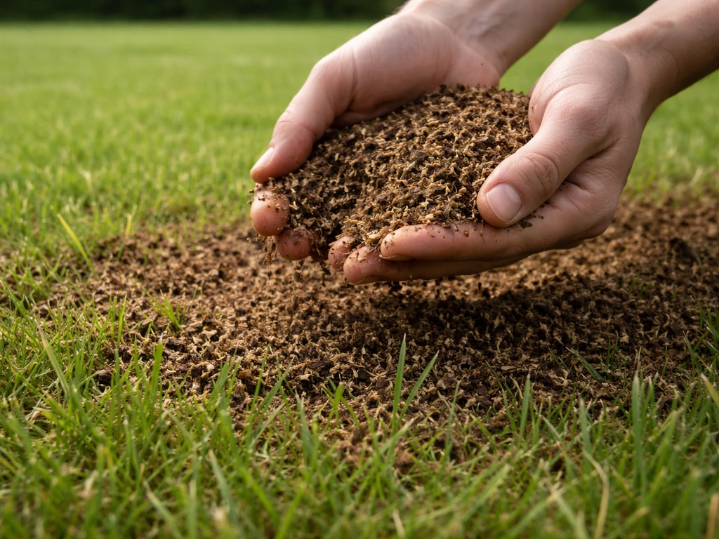 Close-up van een dun laagje gezeefde grascompost dat over een gazon wordt uitgestrooid en licht ingeharkt.
