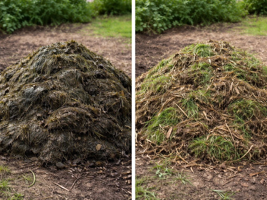 Voor/na foto: grascomposthoop met stinkende, te natte kern en daarna droog bruin materiaal na omzetten