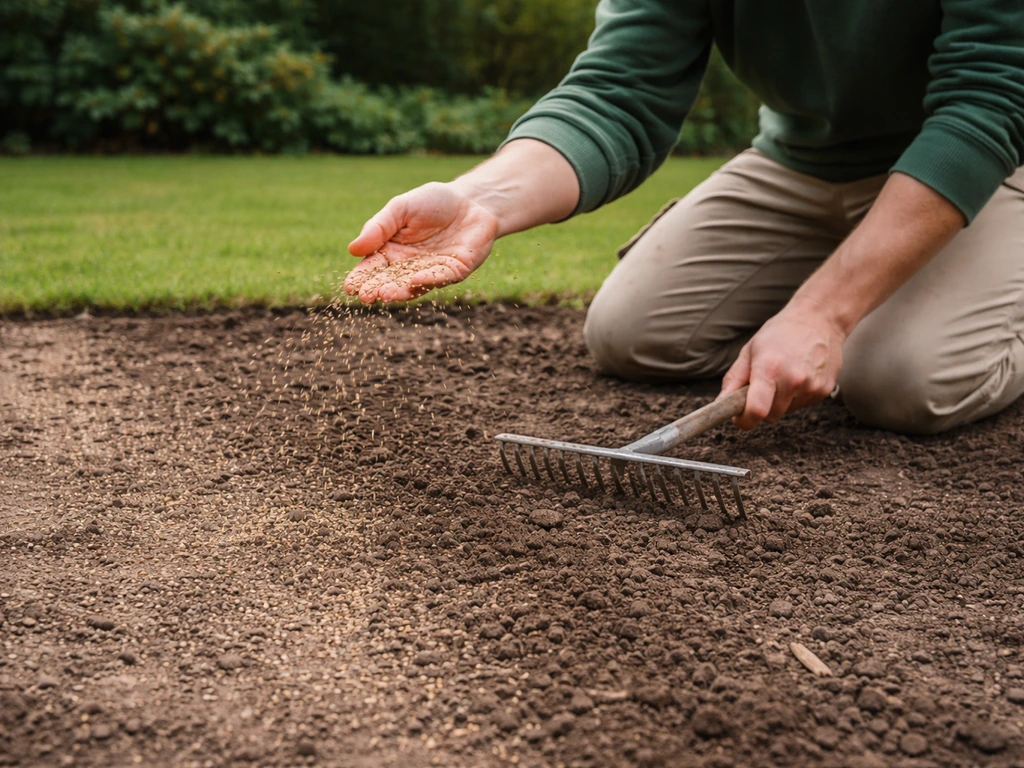 Iemand strooit graszaad in twee richtingen op een herstelde strook grond en werkt het licht in met een hark.
