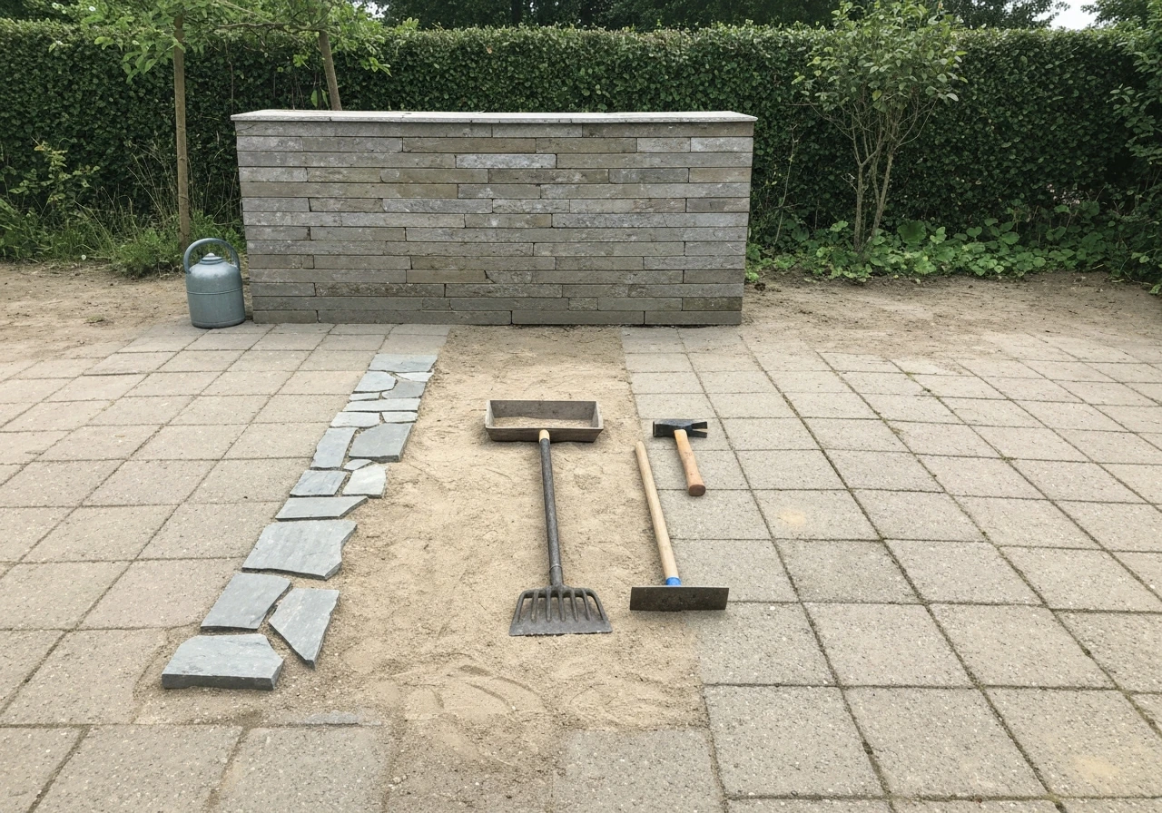 Flagstones en tuingereedschap op een oprit: legzand/voegzand, spade, waterpas, rubber hamer en onkruidwerende rol.