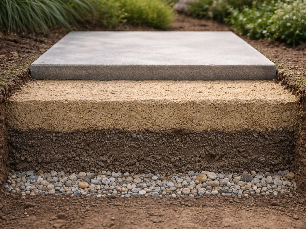 Doorsnedestijl foto van uitgegraven grond met verdichte drainslaag en een drainerend zandbed van 15 cm onder stenen