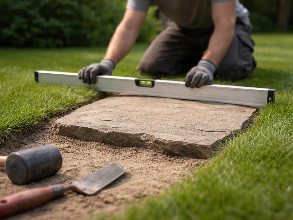 Monteur controleert met waterpas de hoogte van een flagstone op legzand, met licht verschil t.o.v. gazon.