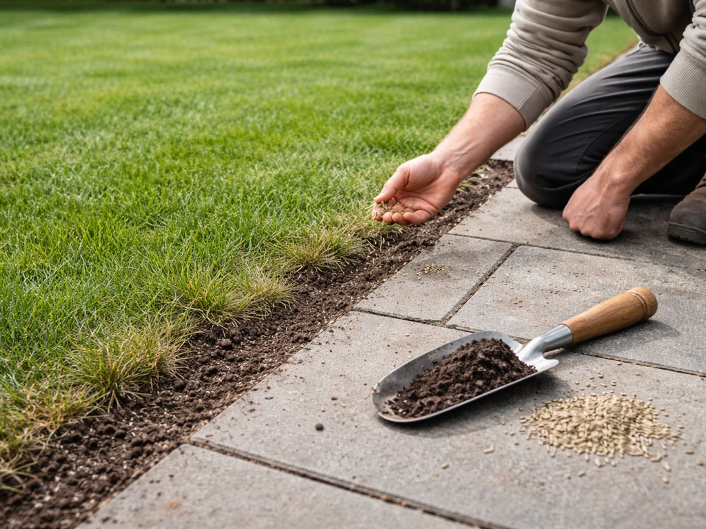 Kniezittende tuinier zaait door langs de randen van stenen; kale plekken worden bijgewerkt met graszaad en turfmolm.