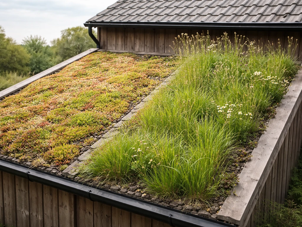 Schuurdak met twee naast elkaar zichtbare groendakvarianten: sedum/extensief vs ruigtesoorten/gras.