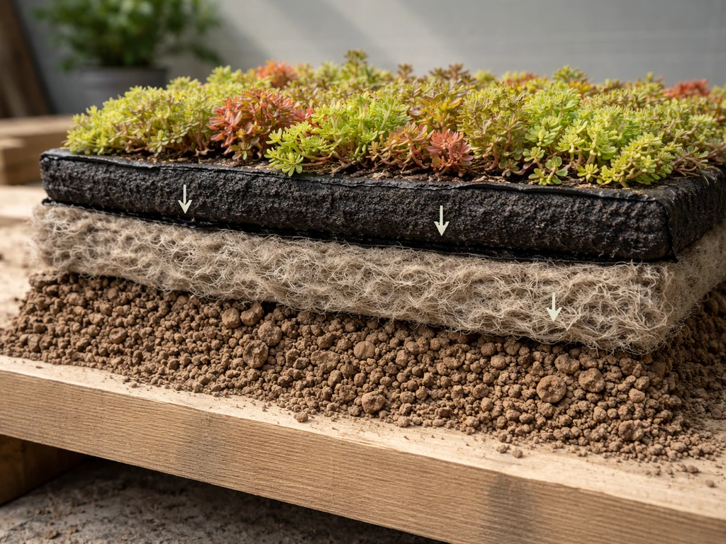 Close-up van een gelaagde groendakopbouw met substraat en vegetatielaag, met focus op de bovenste plantlaag.